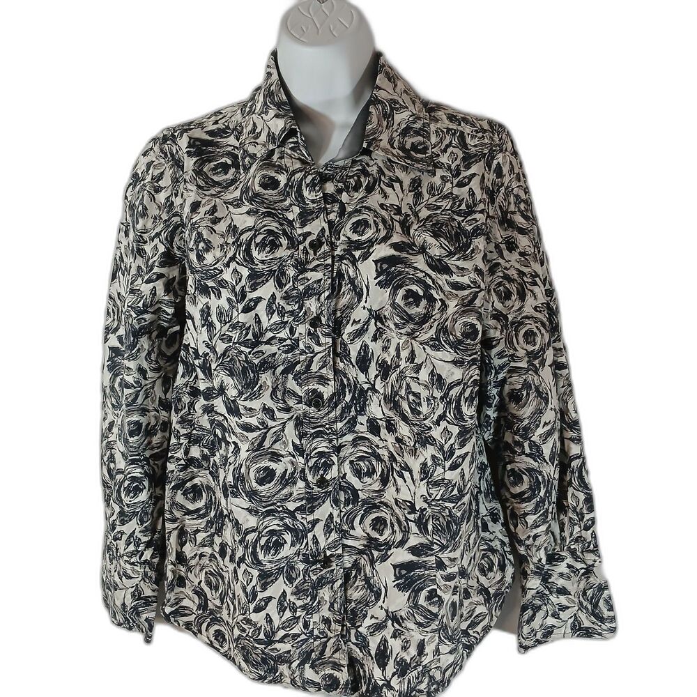 Talbots Top Black White Floral Button Up Shirt Stretch Sz Xp Casual ofice wear